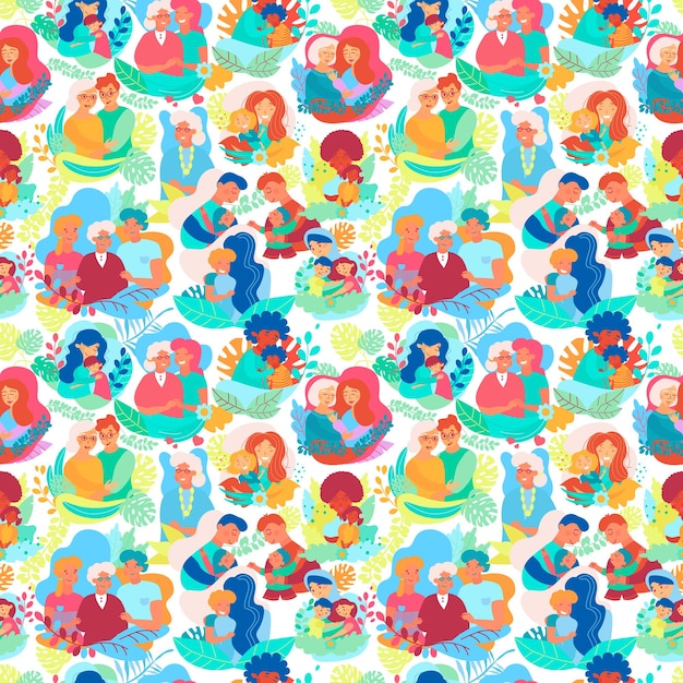 Vector Seamless Pattern with illustrations of happy family and leaves and natures elements decorations