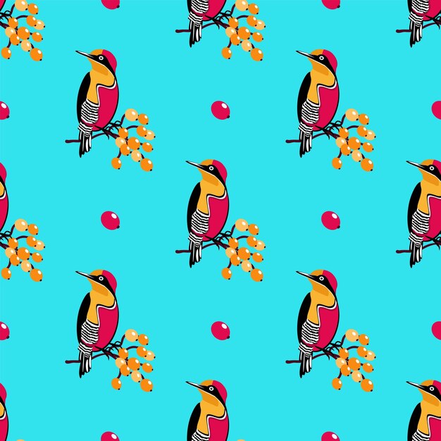 Vector vector seamless pattern with the image of a beautiful bird on a branch with berries