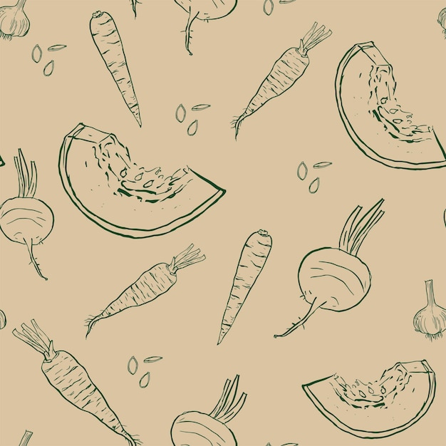 Vector seamless pattern with isolated hand drawn sketch vegetables on beige background