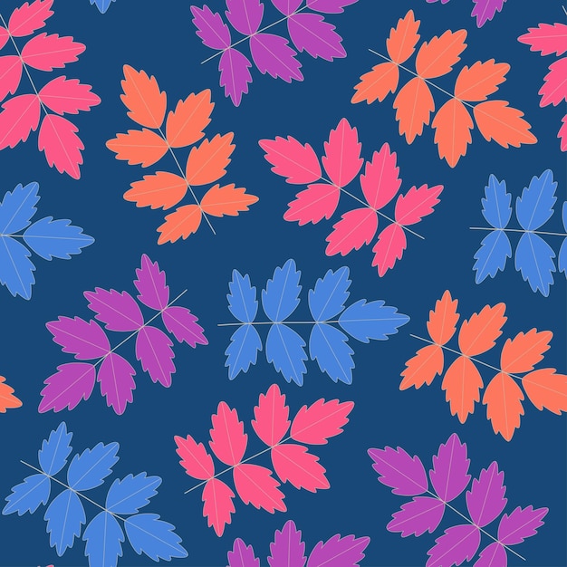 Vector seamless pattern with leaves and branches on dark blue background. Natural fabric design