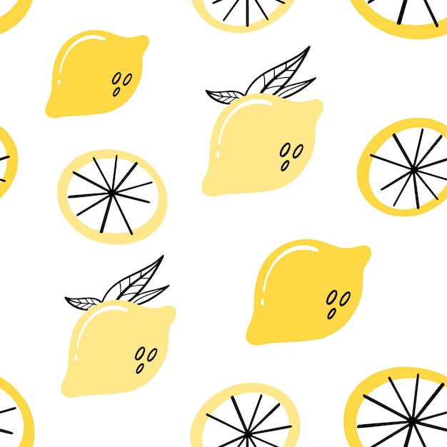 Vector seamless pattern with lemons. Citrus hand-drawn pattern.  Flat, Doodle style