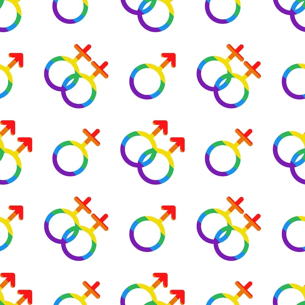 Vector seamless pattern with LGBT male and female symbols Venus and mars signs in rainbow colors Pride month LGBTQ pattern