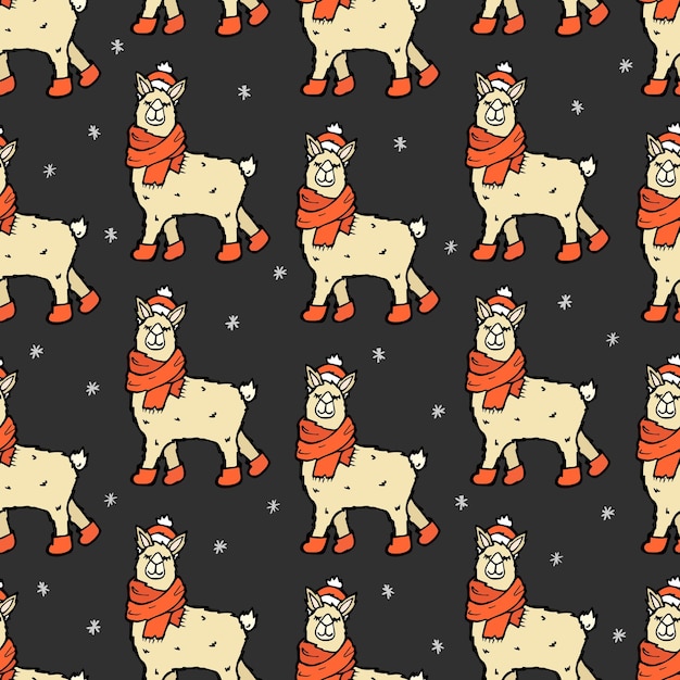 Vector seamless pattern with llamas in scarves and hats