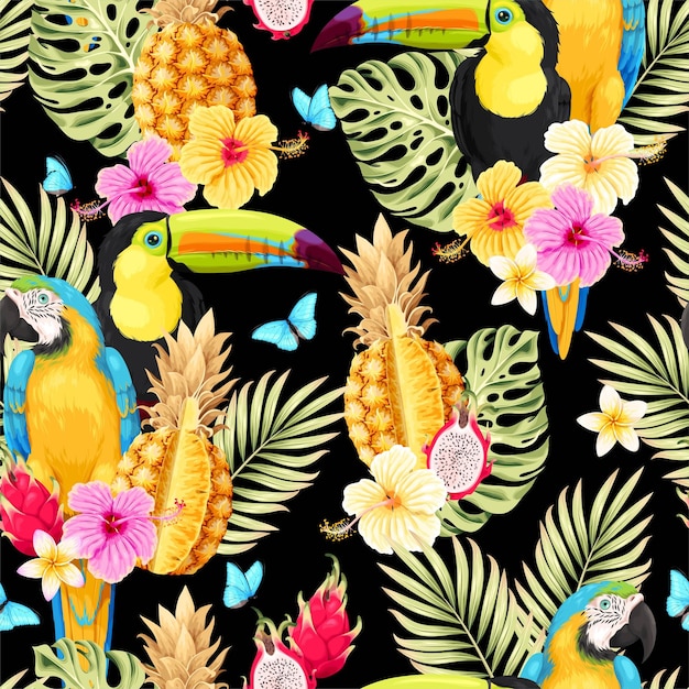 Vector seamless pattern with macaw and fruits