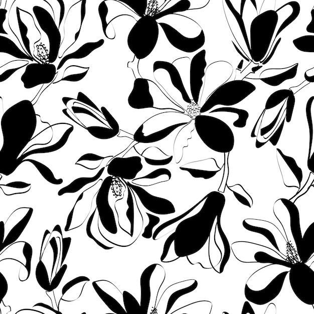 Vector seamless pattern with magnolies Black and white illustration with magnolia flowers for fabric background print