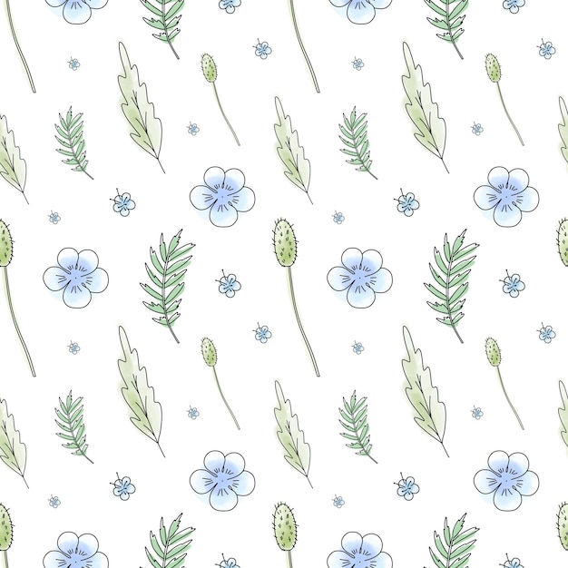 Vector seamless pattern with meadow flowers Handdrawn poppies pattern with outline details