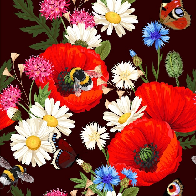 Vector seamless pattern with meadow flowers and insects