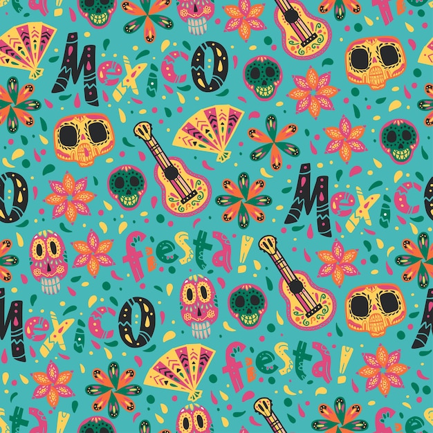 Vector seamless pattern with Mexico traditional celebration decor elements - fiesta lettering, guitar, skull, fan and floral ornaments isolated on blue background. Good for packaging, prints, textile