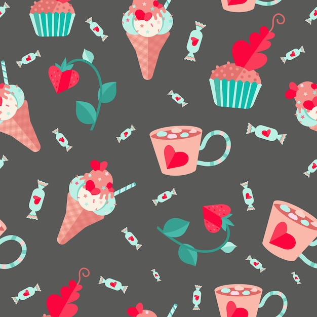 Vector seamless pattern with muffins and marshmallow sweets on grey background with red flowers