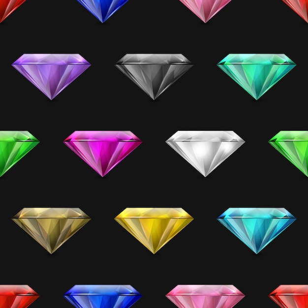 Vector vector seamless pattern with multi colored 3d realistic transparent triangle glowing gemstones