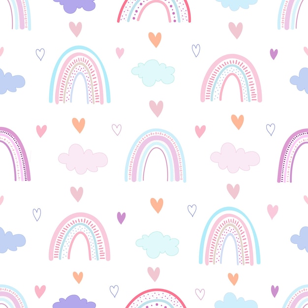 Vector seamless pattern with multicolored rainbows, clouds and hearts on a white background