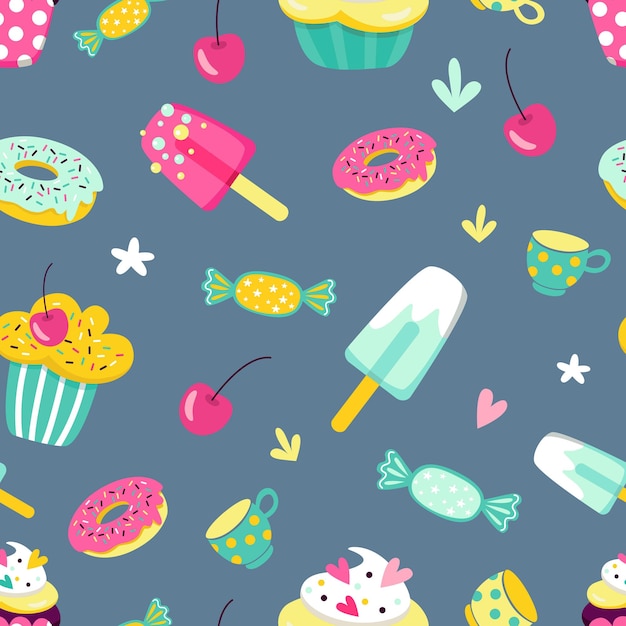 vector seamless pattern with multicolored sweets cupcakes and ice cream in cartoon style