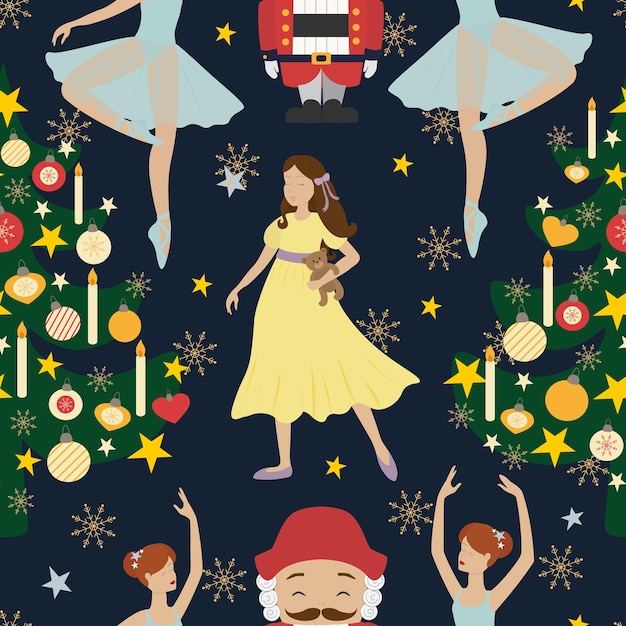 Vector vector seamless pattern with nutcracker and ballerinas character in cartoon style nutcracker christmas background