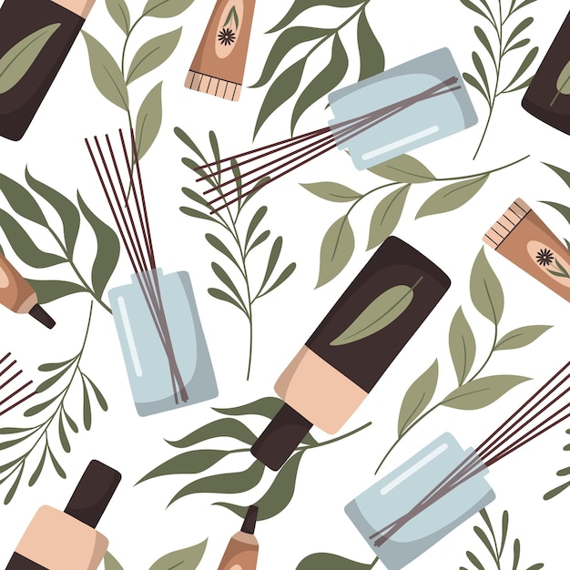 Vector seamless pattern with organic skincare products