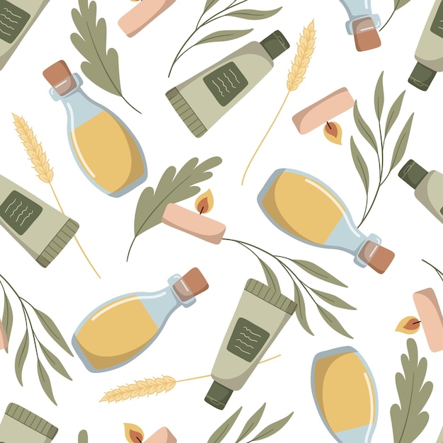 Vector seamless pattern with organic skincare products