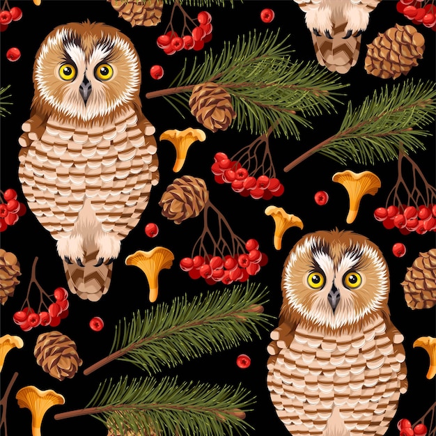 Vector seamless pattern with owl and forest flor