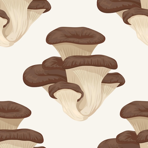 Vector Seamless Pattern with Oyster Mushroom on White Seamless Texture Hand Drawn Cartoon Oyster Mushrooms Bush Design Template for Textile Wall Paper Pleurotus Ostreatus Mushroom Print