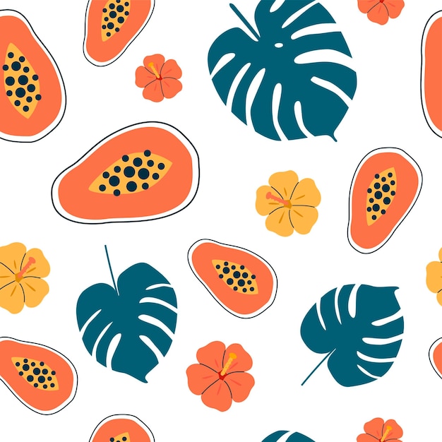 Vector seamless pattern with Papayas and tropical leaves