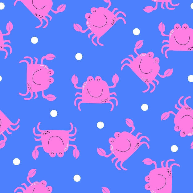 Vector seamless pattern with pink crabs on blue background