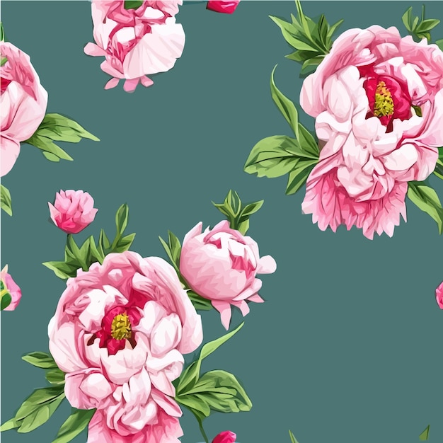 Vector seamless pattern with pink peonies and leaves on a green background