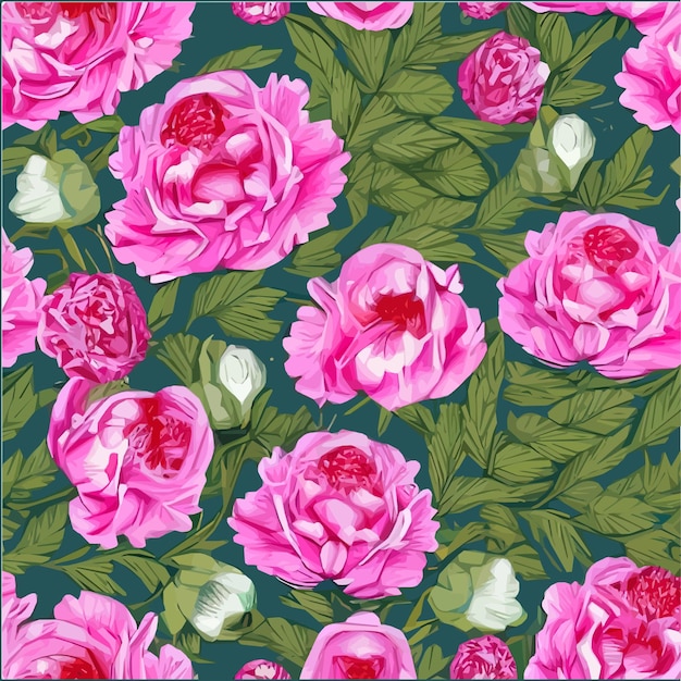 Vector seamless pattern with pink peonies and leaves on a green background