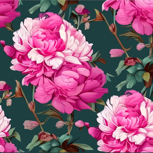 Vector seamless pattern with pink peonies and leaves on a green background