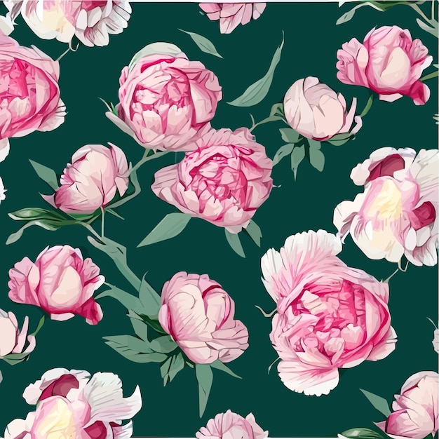 Vector seamless pattern with pink peonies and leaves on green background