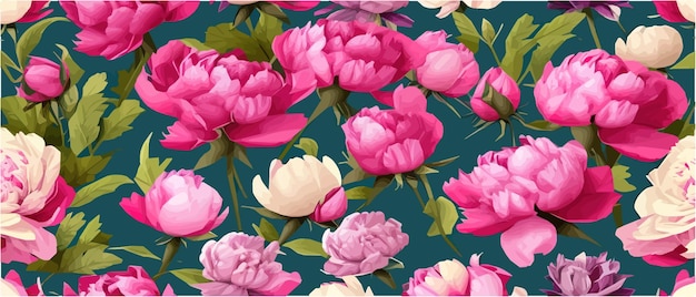 Vector seamless pattern with pink peonies and leaves on a green background