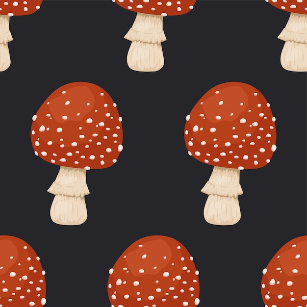 Vector Seamless Pattern with Poisonous Inedible Mushroom Hand Drawn Cartoon Red Fly Agaric Mushroom on Black Background Amanita Muscaria Fly Agaric Mushrooms Seamless Texture