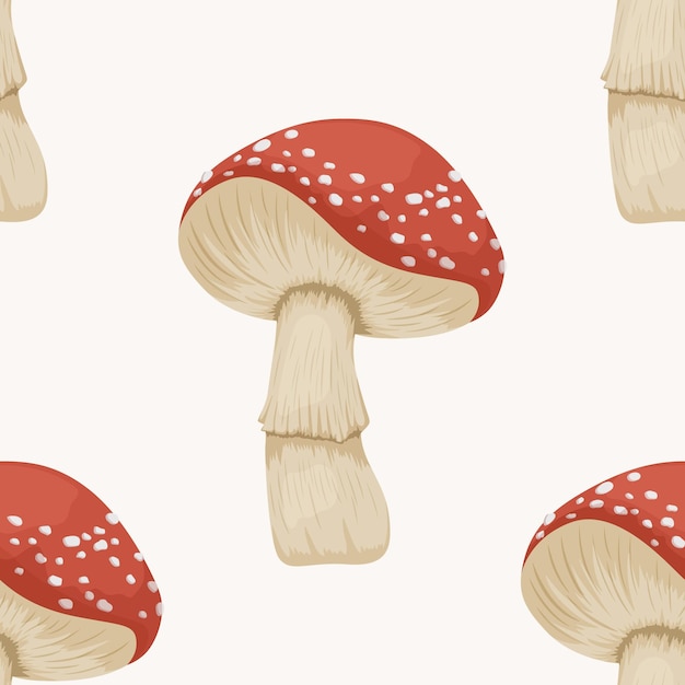 Vector Seamless Pattern with Poisonous Inedible Mushroom Hand Drawn Cartoon Red Fly Agaric Mushroom Isolated on White Amanita Muscaria Fly Agaric Mushrooms