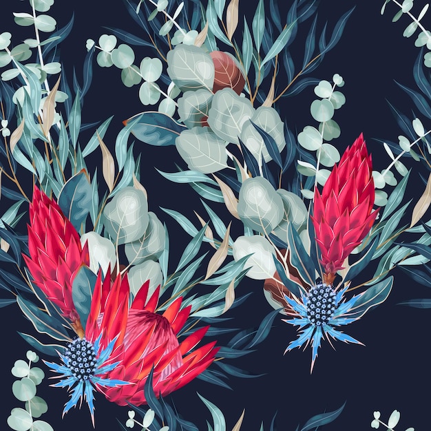 Vector seamless pattern with protea and greenery