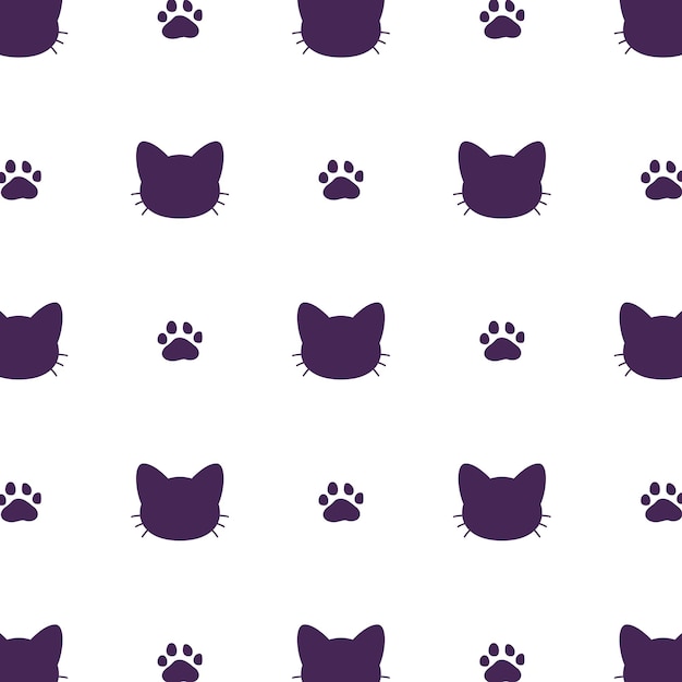 Vector seamless pattern with purple cat heads and paws