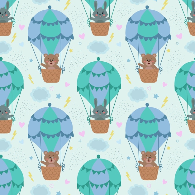 Vector seamless pattern with rabbits and bears on a balloon. Vector illustration with animals