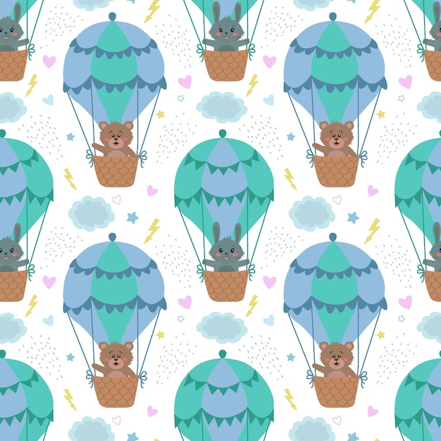 Vector seamless pattern with rabbits and bears on a balloon. Vector illustration with animals