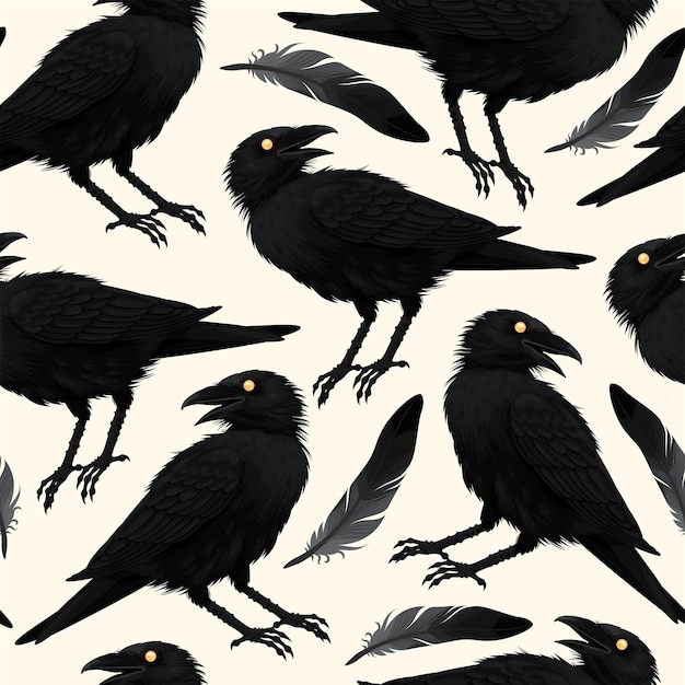 Vector vector seamless pattern with raven and black feathers on grey background