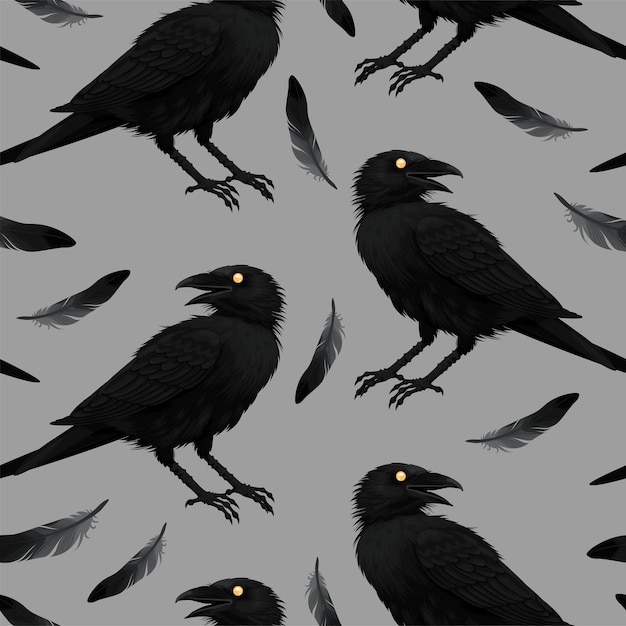 Vector vector seamless pattern with raven and black feathers on grey background