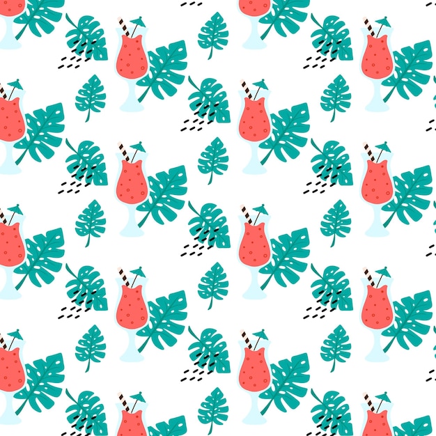 Vector seamless pattern with red cauliflower and monstera leaves Summer pattern Vector illustration