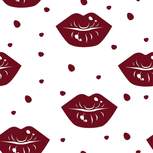 Vector seamless pattern with red female lips kiss and spots.