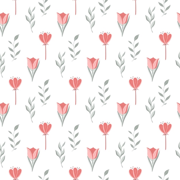 Vector seamless pattern with red flowers green twigs with leaves botanical decor on a white background