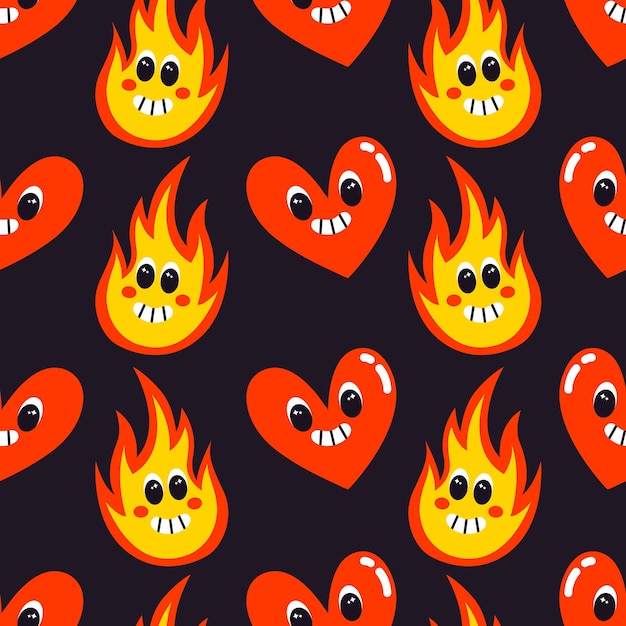 Vector vector seamless pattern with retro cartoon heart and fire characters