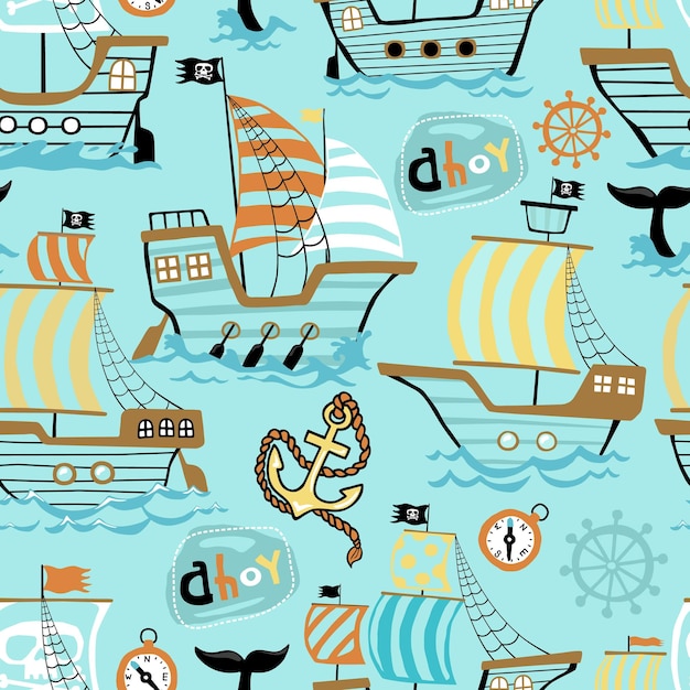 Vector seamless pattern with sailboat cartoon and sailing elements