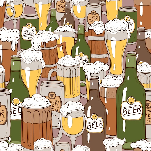 Vector seamless pattern with set of beer in mugs and bottles