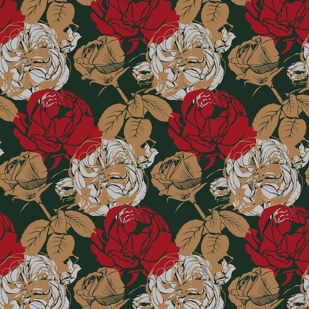 Vector seamless pattern with silhouette roses on dark green background classical style