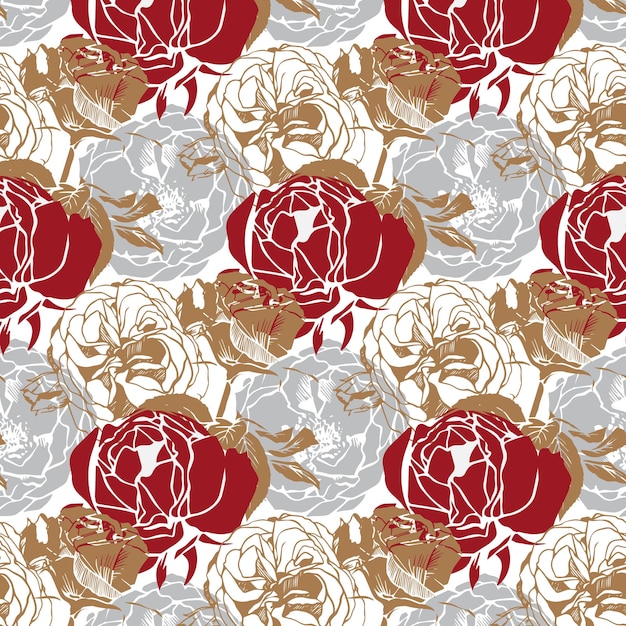 Vector seamless pattern with silhouette roses on white background baroque style