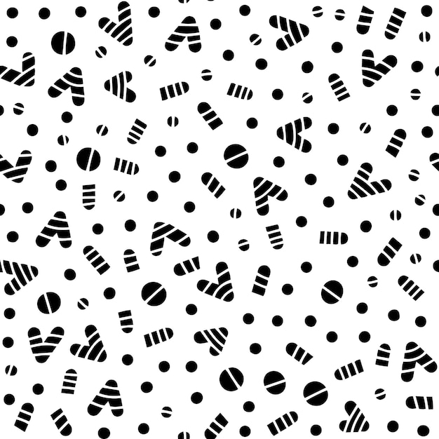 Vector seamless pattern with simple curvy shapes Repeatable background with pills capsules and hearts White and black backdrop