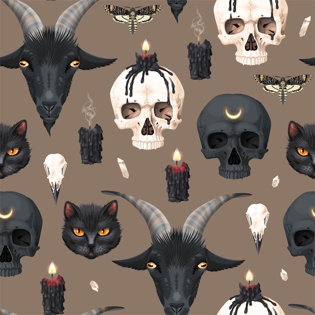 Vector seamless pattern with skull and candle