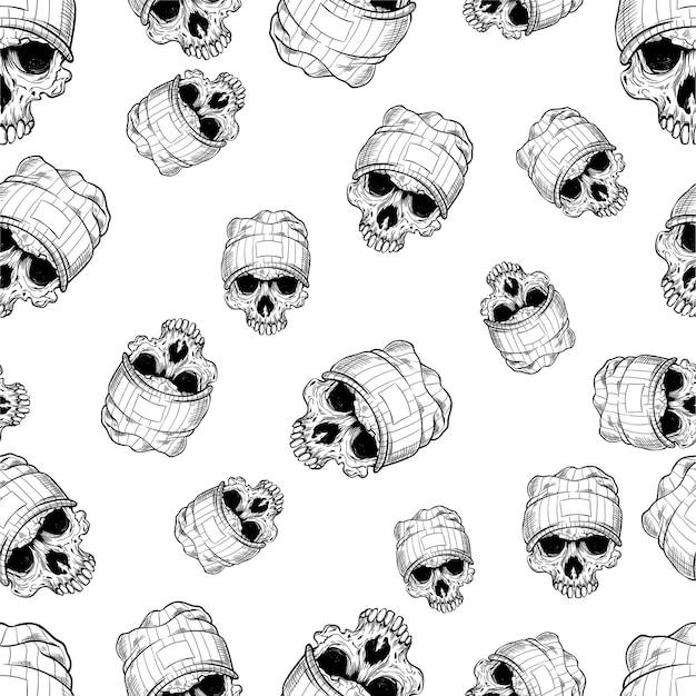 Vector seamless pattern with skulls in cap