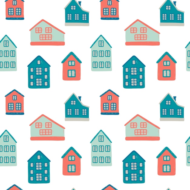 Vector seamless pattern with small cartoon houses on white background