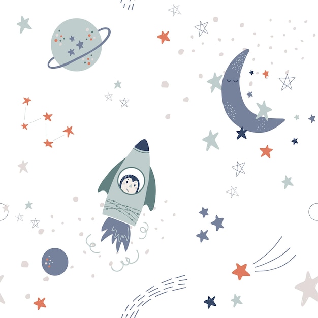 Vector seamless pattern with stars, rockets and planets. Cute baby space illustration.