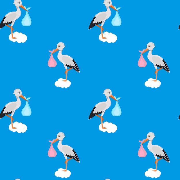 Vector seamless pattern with a stork carrying a baby in a pouch.